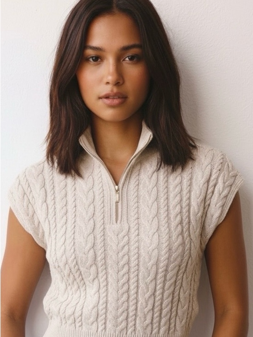 Nicole Miller Artelier Beige Cable‑Knit Half‑Zip Sweater Size XS